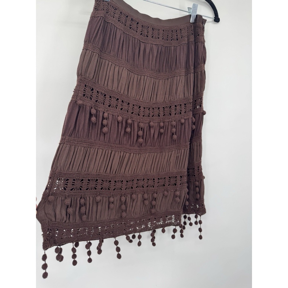Trina Turk Los Angeles Brown Y2K silk Skirt‎ Pom Pom trim festival artsy boho - Picture 10 of 10